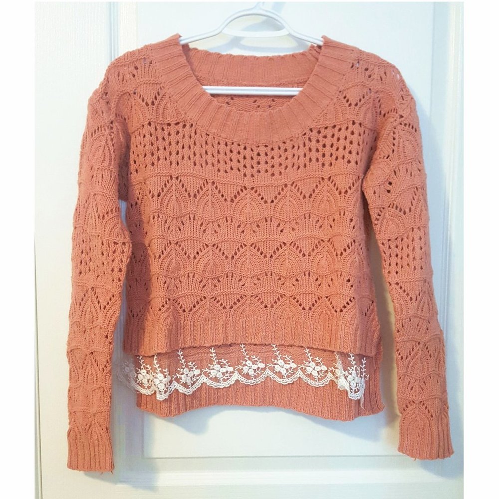 Peachy Pink Lace Trim Sweater